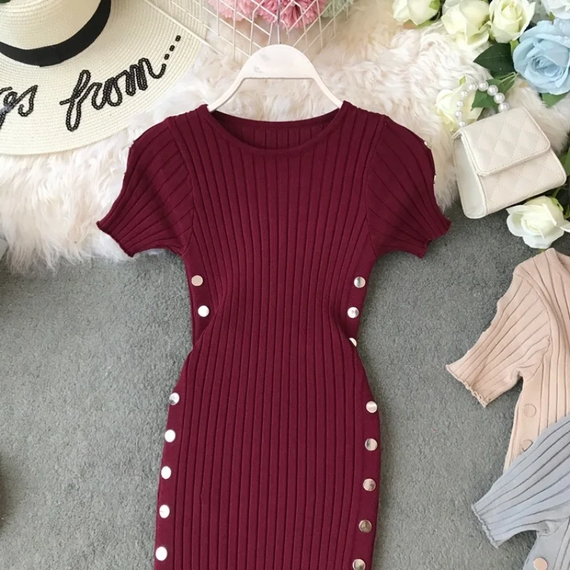 

Women Summer Knitting Dress Fashion O-Neck Short Sleeve Slim Wrap Dress Double Breasted High Waist Office Lady Medium Long Dress