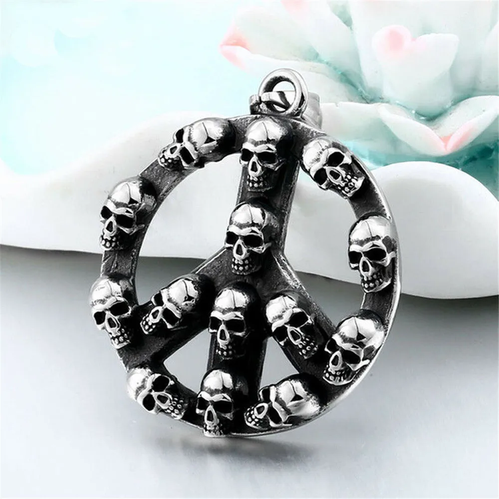 

Mens 316L Stainless Steel Hippie Biker Peace Sign Skull Pendant Necklace