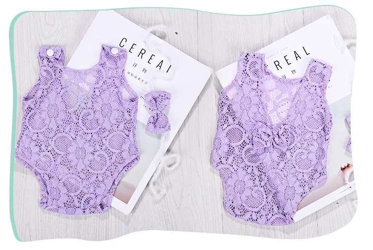 Accesorios de fotograf&iacute;a para reci&eacute;n nacido, Pelele de encaje para beb&eacute;, conjunto de diadema, accesorios de fotograf&iacute;a para beb&eacute; ni&ntilde;a, ropa con lazo, disfraz de Color s&oacute;lido-4