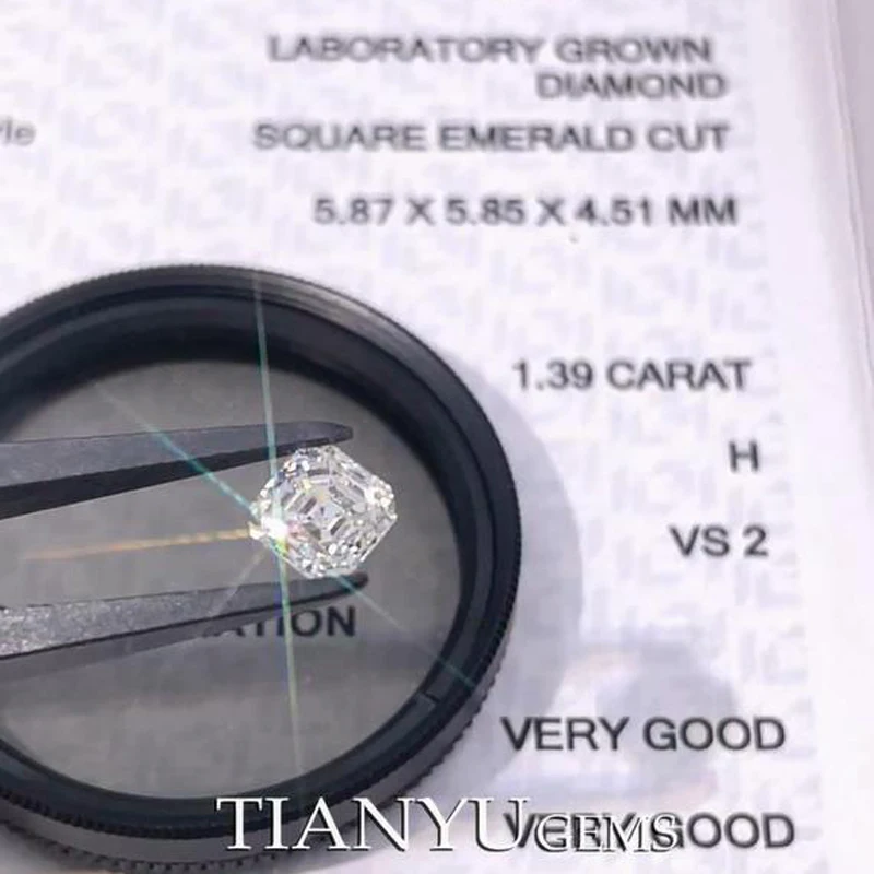 

Tianyu Gems Asscher Cut CVD алмаз 1.39ct H VS2 EX VG свободная лабораторная выращенная иги сертификат 5,87*5,85*4,51 мм белые Синтетические алмазы