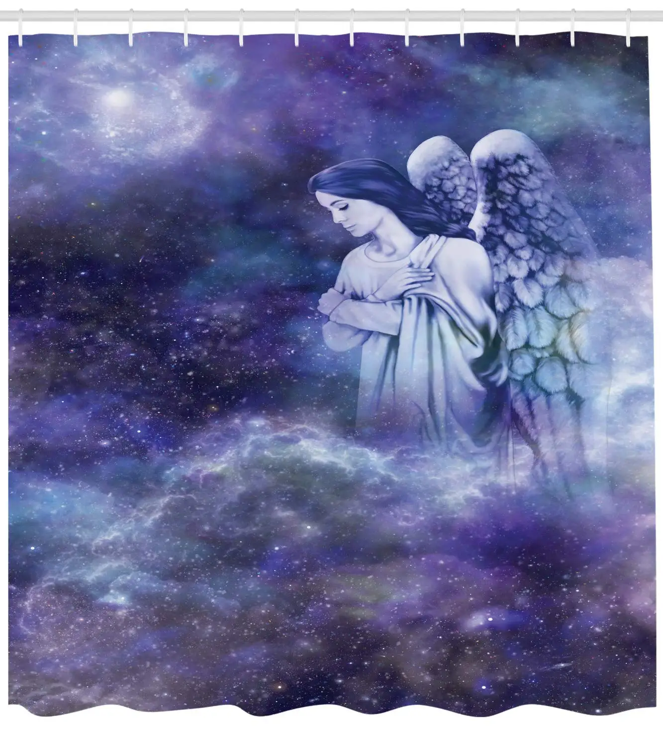 

Angel Guardian Winged Woman Watching Above on Galaxy Background Bathroom Decor Dark Lavender Blue Grey Pastel Purple