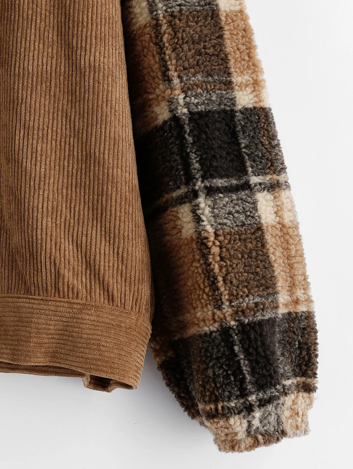 

ZAFUL Warm Corduroy Plaid Faux Shearling Sleeve Jacket For Women Wide-Waisted Long Sleeve Shirt Collar Jackets Hot Sale 2019