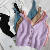 women knitted crop tops buttons front v neck summer casual tops solid color sleeveless spaghetti strap chic tops