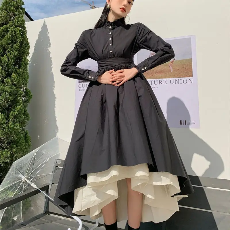

Vintage Elegant Dress Black Lace Stand Collar Long Sleeve French Streetwear Female Buttons Spring Party Office Lady Noble Dress