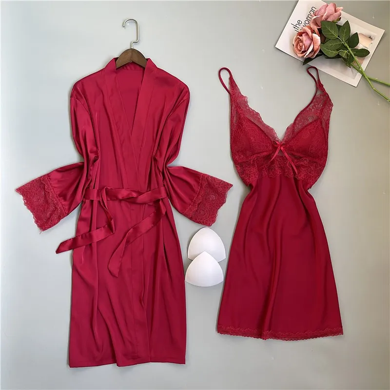 

Lace Robe Wedding Bridal Set Kimono Bath Gown Satin Bridesmaid Sleepwear Sexy V-Neck Nightgown Nightwear Lady Bathrobe Suit