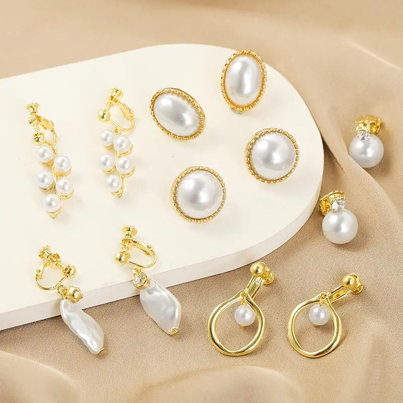 

Bohemian Baroque Imitation Pearls Earrings for Women High Grade Non-pierced Clip Earrings Yellow Gold Color Wedding Jewelry Gift
