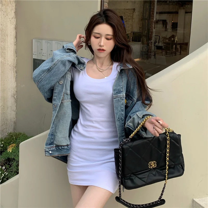

Elegant Slim-Fit Sheath Dress for Women Summer 2021 New Small Black, Short Sleeve Crew Neck Inner Bottoming Skirt