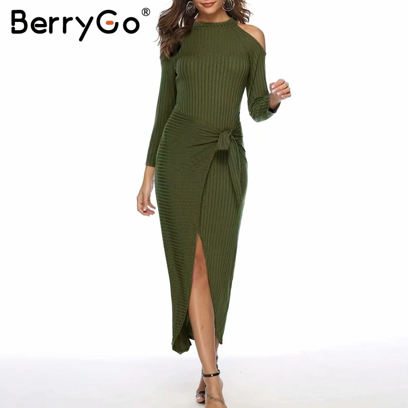 BerryGo элегантное женское трикотажное платье с открытыми плечами длинным рукавом