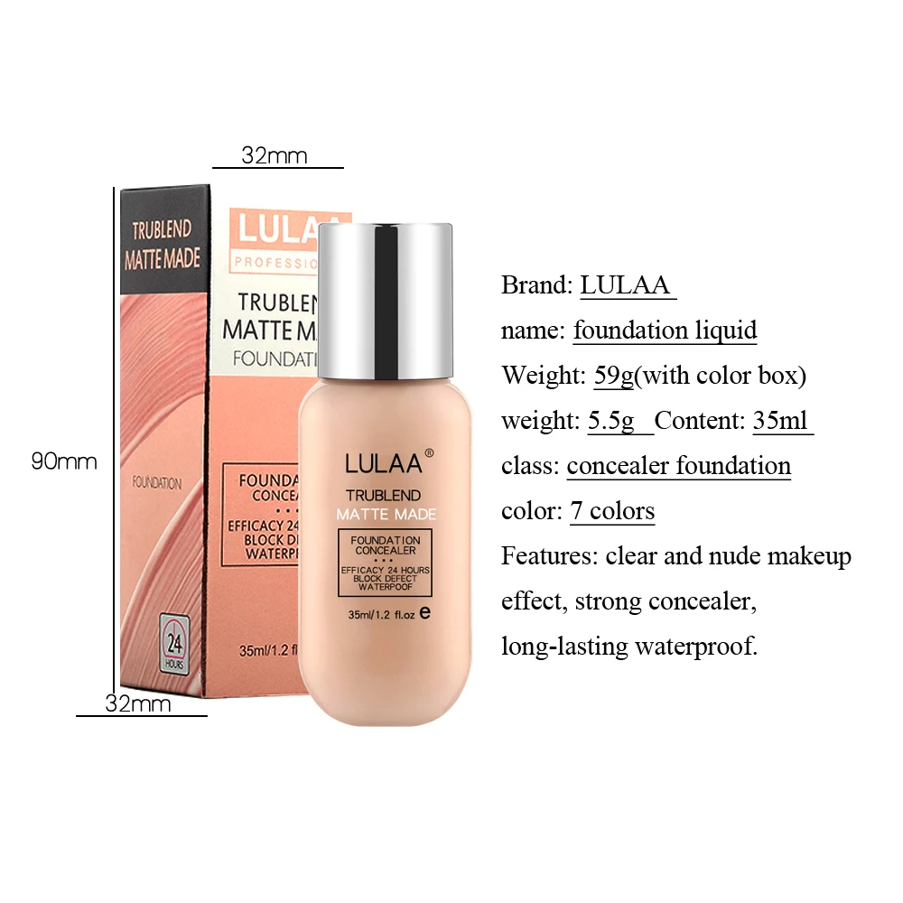 

LULAA 35ML Makeup Foundation Liquid Long-lasting Full Coverage Face Concealer Base Matte Cushion Foundation Cosmetic BB CC Cream