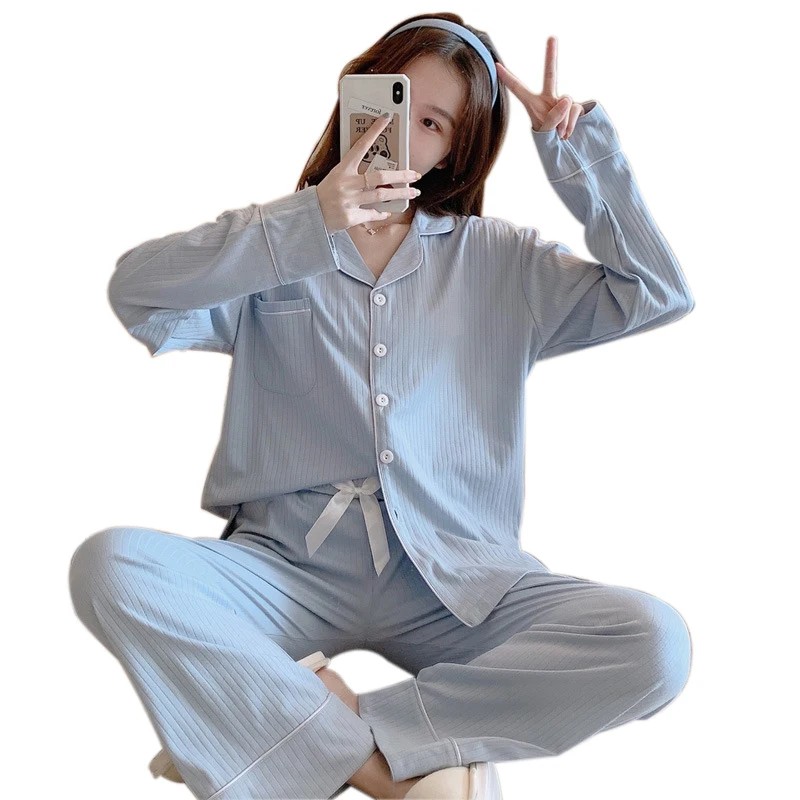 

Women Solid Color Turn-Down Collar Cute Sweet Pajamas Sets Ladies Cotton Elasticity Waists Sleepwear Femme Comfortable Homewears