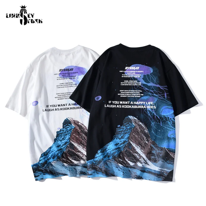 Lindsey Seader Jellyfish Mountain Print Short Sleeve Tshirts Streetwear Hiphop Casual T Shirt Men Fashion Summer Hispter Top Tee | Мужская