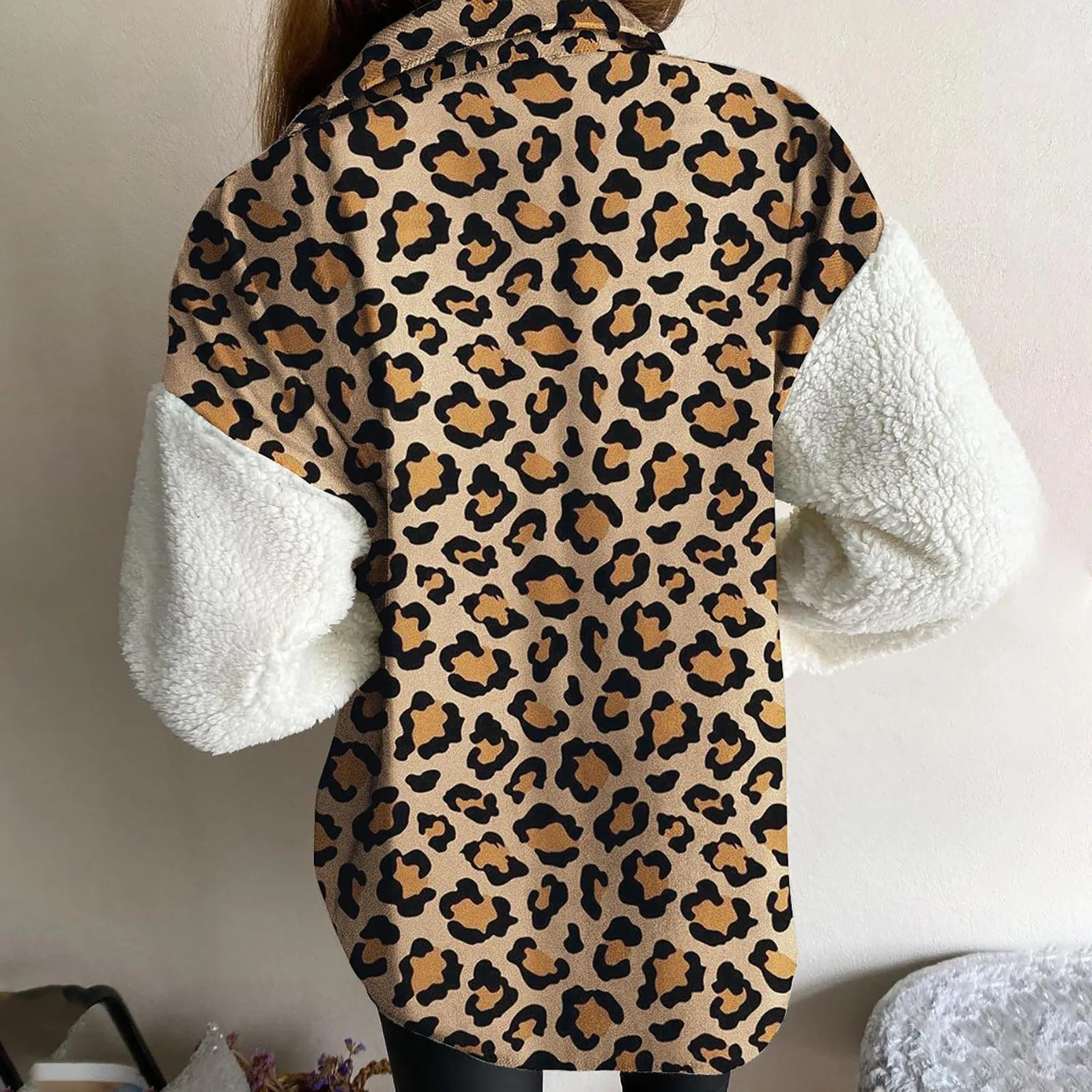 

JAYCOSIN 2021 Autumn And Winter Jacket Fashion Casual Stitching Warm Long Sleeves Sweater Women's Leopard Print Plush Coat