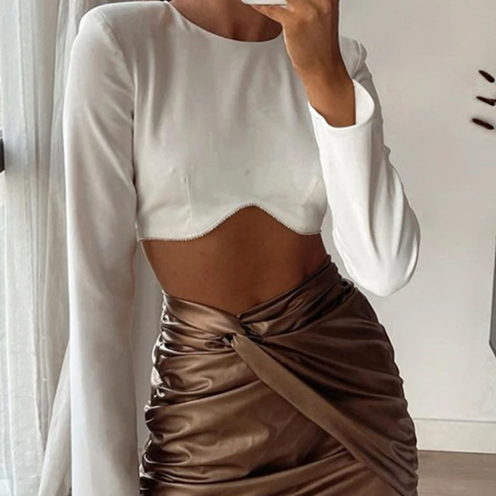 

YiYiMiYu 2021 Diamond White Long Sleeve Crop Top Women Fashion Elegant Autumn Winter 90s T Shirts Sexy Casual O Neck