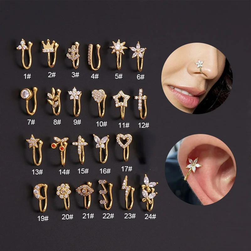 

2021 New Micro Inlaid Zircon U-shaped Stainless Steel Nose Clip Earbone Clip Perforated Nose Ring Punk Neo Gothic Nose Ring