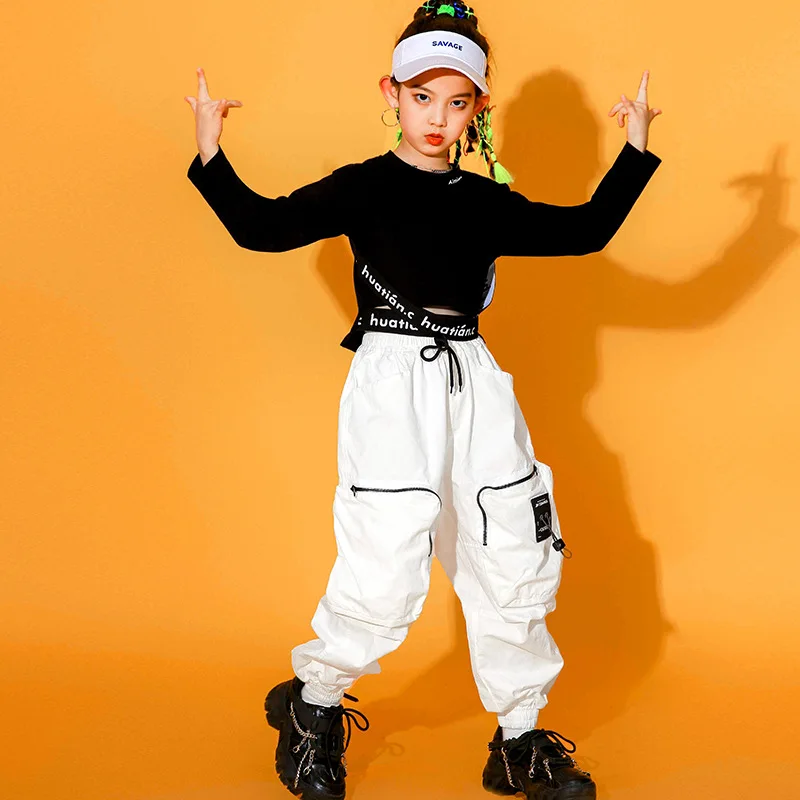 Kid Kpop Hip Hop Clothing Black Sweatshirt Crop Top White Streetwear Cargo Jogger Pants for Girls Jazz Dance Costume Clothes