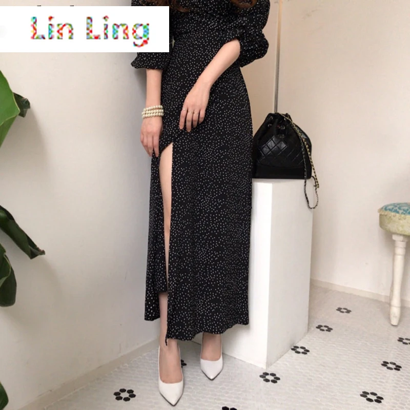 

LinLing Maxi Dresses for Women V-neck Elegant Vestidos Feminino Bandage Slim Waist Robe Puff Sleeve Vintage Korean Dot Dress