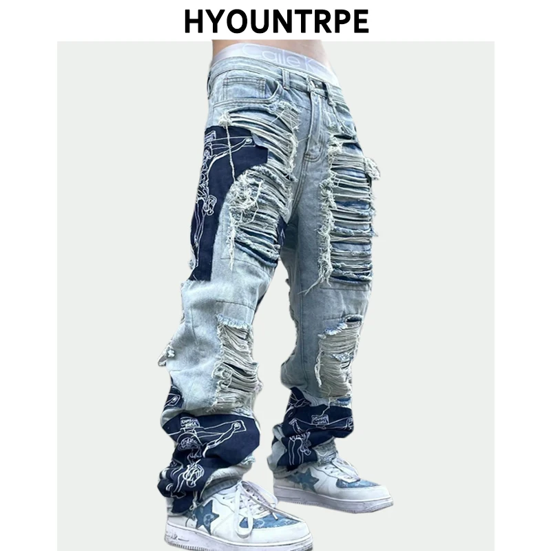 Men High Street Denim Jean Pants Casual Loose Destroyed Ripped Holes Straight Jeans Fashion Patchwork Hip Hop Streetwear Joggers