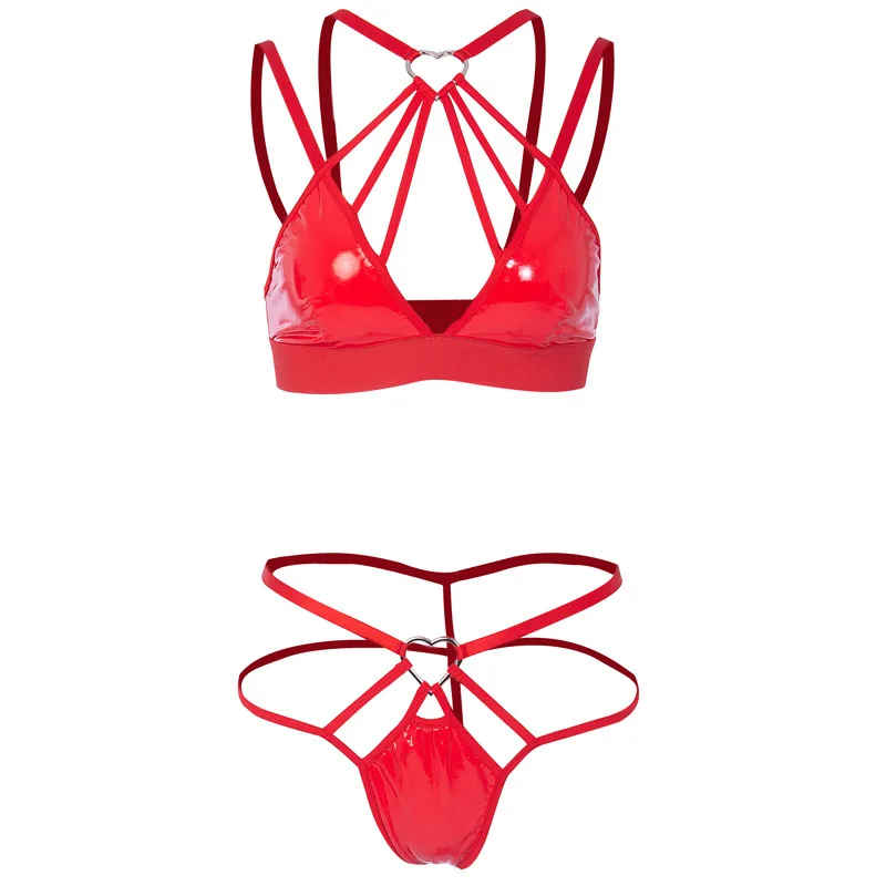 Эротический сексуальный полиуретановый комплект бикини кожаный красный женский