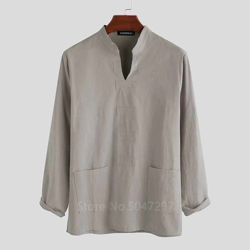 

5XL Cotton Linen Shirt Men Casual Long Sleeve Vintage 2021 Solid Color Tops Pockets Camisa Chinese Style Mens Shirts Hanfu