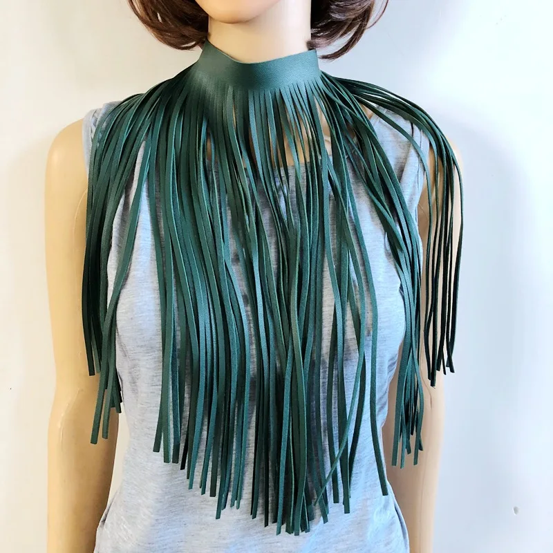 

TOTABC High Street Leather Tassel Necklace for Women Fashion Luxury Long Necklace Black Green Leather Chain Dress Party