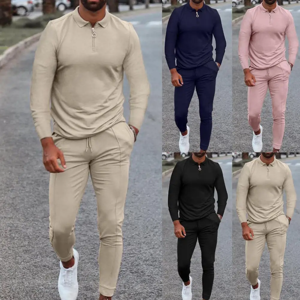 

Solid Color Men Tracksuit Set Elastic Waist Skin-friendly Long Sleeve Pockets Sports Suit for Fitness Wholesale Dropshipping