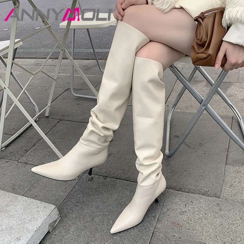 

ANNYMOLI Pointed Toe Knee High Boots Real Leather Woman Boots High Heel Long Boots Thin Heel Female Shoes Autumn Winter White 43