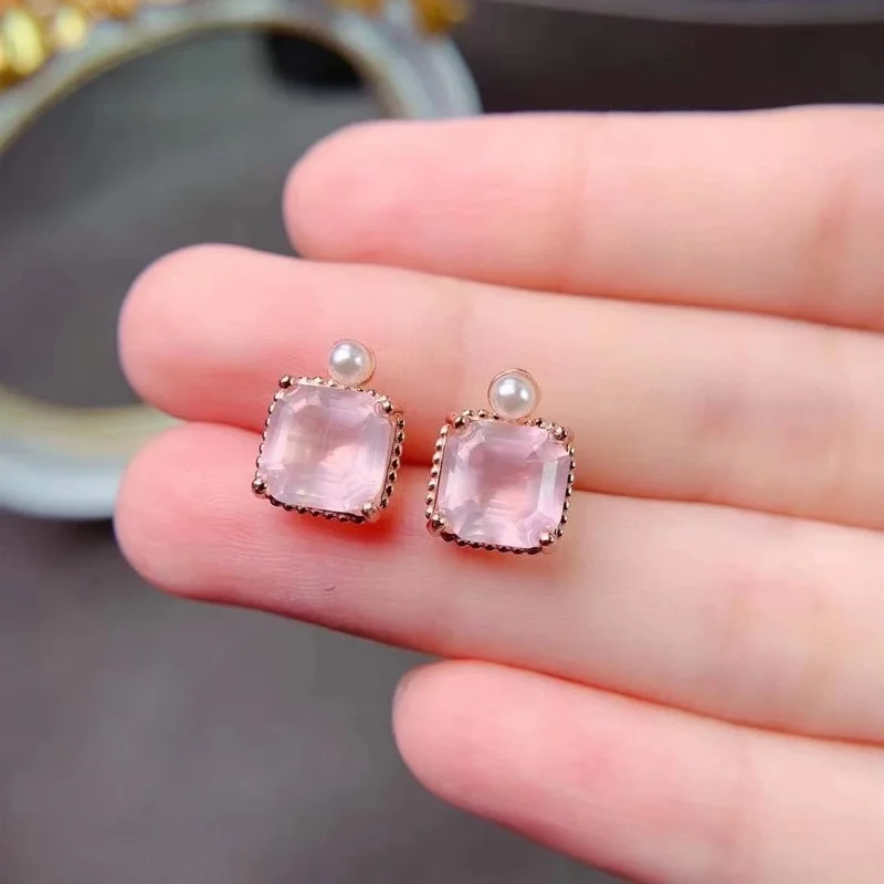 

Jewelry Big Gemstone Earring for Party 8*8mm Natural Rose Quartz Drop Earrings 925 Silver Rose Quartz Jewelry