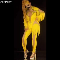 yellow fringe skinny spandex jumpsuit women dancer show tassel leggings prom singer show costume ds stage wear