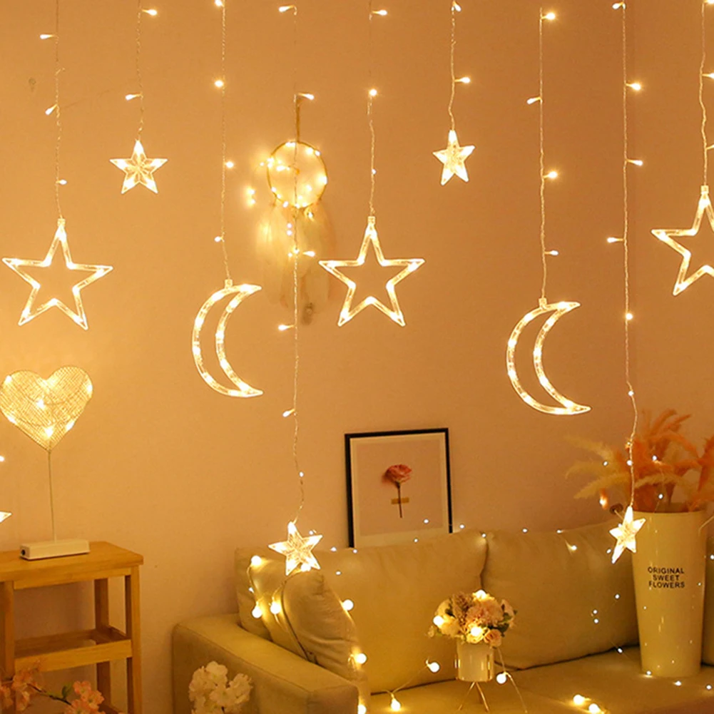 

LED Christmas Star Moon Fairy Garland Lamp Window Curtain String Lights for Romantic Wedding Home Bedroom Party Decoration Light