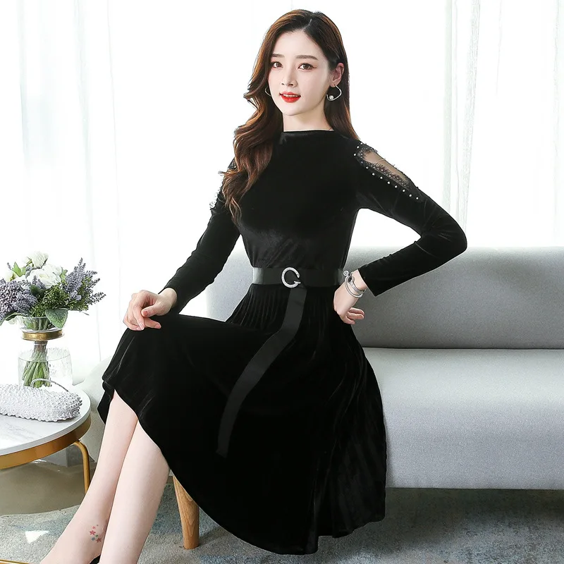 

Kuotaitai 2020 Autumn and Winter Black Velvet Dress Waist Hugging Slim Temperament Goddess Fan Clothes Pleated Medium-Length