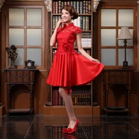 free shipping cut out dress the bride fashion red 2014 vintage lace short flag one piece dress organza ball bridesmaid dresses