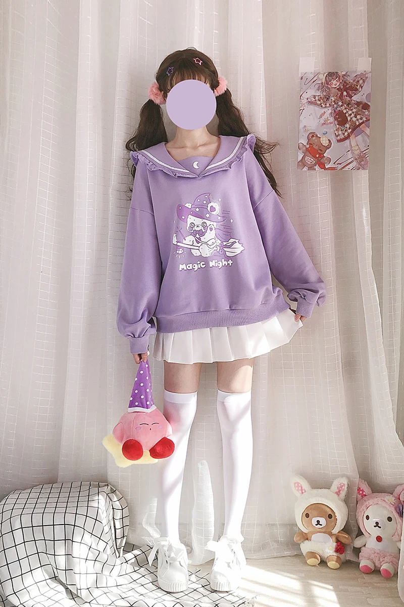 

Aututmn Winter New Plus Thick Original Hoodies Girl Japanese Sweet Cute Bear Print Navy Collar Waveselvedge Pullover Women