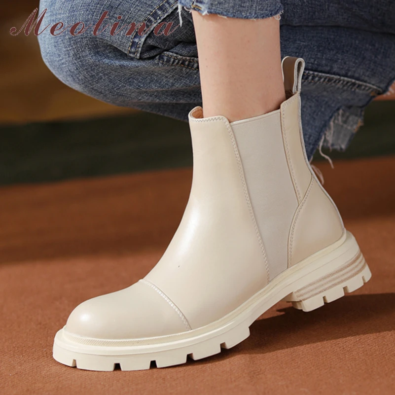 

Женские ботильоны из натуральной кожи Meotina, повседневные ботинки на толстом среднем каблуке, с круглым носком, бежевого цвета, осень 2021