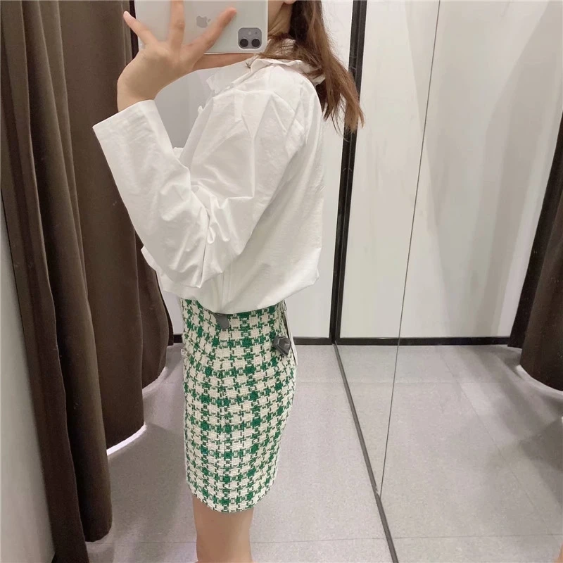 

YOSIBCD Women 2021 Fashion With Pockets Tweed Skirt Vintage High Waist Back Zipper Female Skirts Mujer