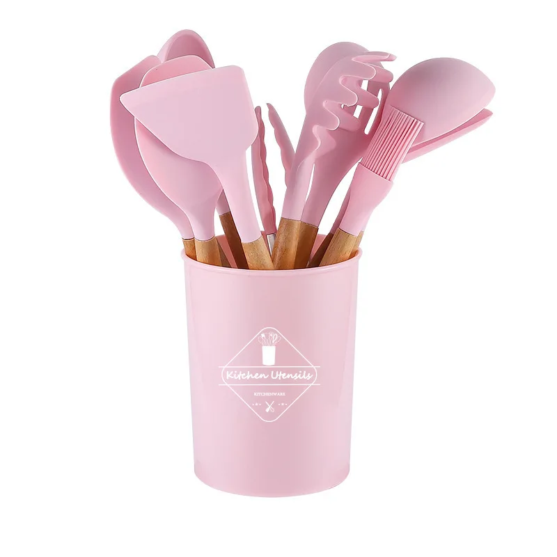 

12 Set Silicone Kitchenware Cooking Utensils Non-stick Cookware Spatula Shovel Egg Beaters Wooden Handle Kitchen Cooking Tool