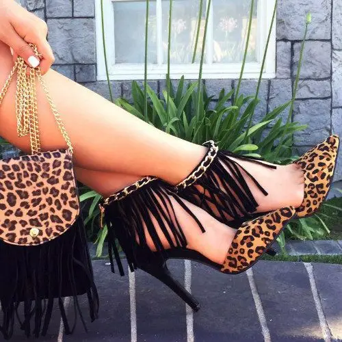

Color matching side air leopard pointed high heels women's shoes