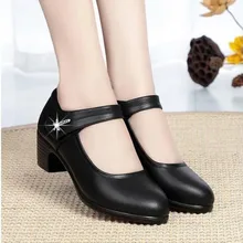 Zapatos clásicos de punta redonda para mujer, calzado de piel sintética negra de alta calidad, informales, de tacón alto para oficina y otoño (4)