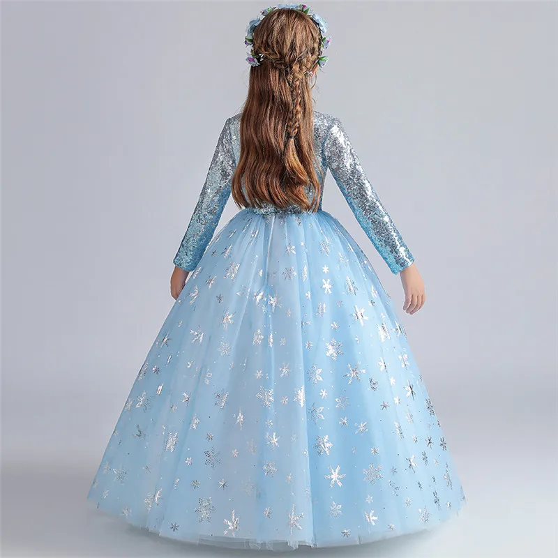 

3~14T Children Girls Luxury Winter Long Sleeves Korean Sweet Blue Color Birthday Dress Kids Teens Elegant Evening Ceremony Dress