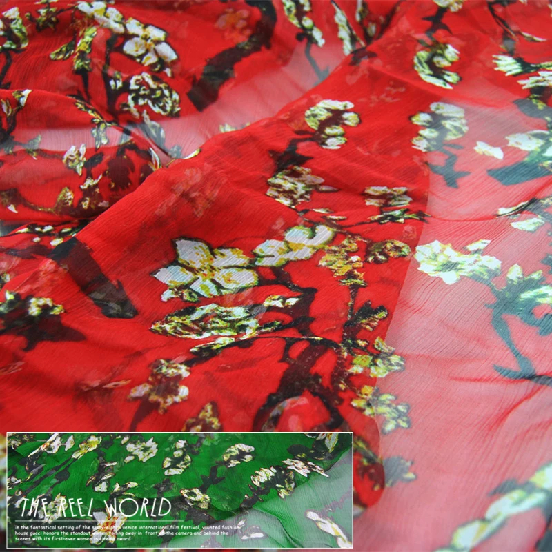 

Silk Georgette Chiffon Fabric Dress Red and Green Flower Large Wide Thin Transparent Skirt Shirt DIY Patchwork Tissue