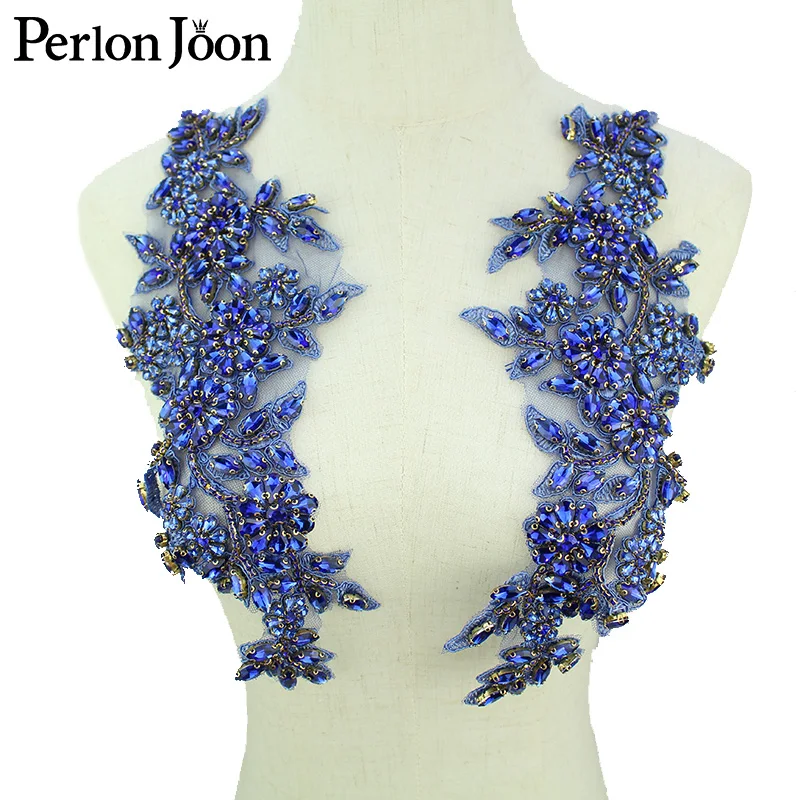 

1 пара синих кристаллов Кружева Аппликация высокого класса свадебное платье AB Стразы стеклянные декольте украшения аксессуары WH053