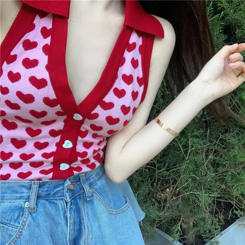 

Retro Net Red Fashion Hanging Neck Cartoon Love Sweater vest Ladies Summer 2021 Casual New Top Cotton Trend