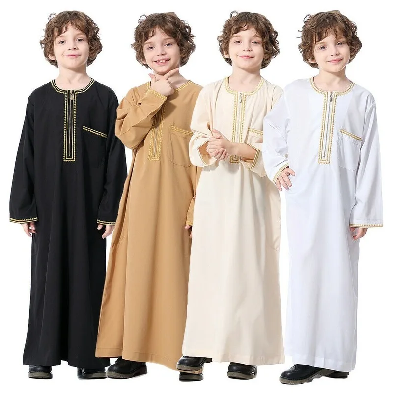 Ramadan Muslim Kids Boys Jubba Thobe Prayer Kaftan Jilbab Robe Arab Islamic Long Sleeve Children Clothing Modest Maxi Dress Robe