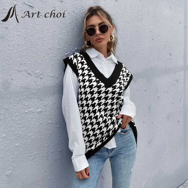 

Houndstooth Knitted Vest Women Sweater Autumn Winter Sleeveless V-neck Waistcoat Loose Wild Sweater Garment Pullover Knitwear