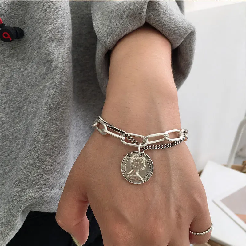 

Женский серебряный круглый браслет с монетами, мужской женский браслет с толстой цепочкой, тайский серебряный браслет, подарки