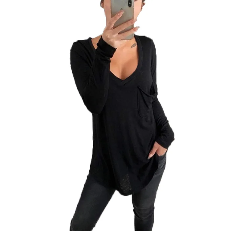 

Autumn Hot Style European And American Women's Hot Sale Sexy Loose Pocket Foreign Trade Long-sleeved T-shirt V-Neckfashion