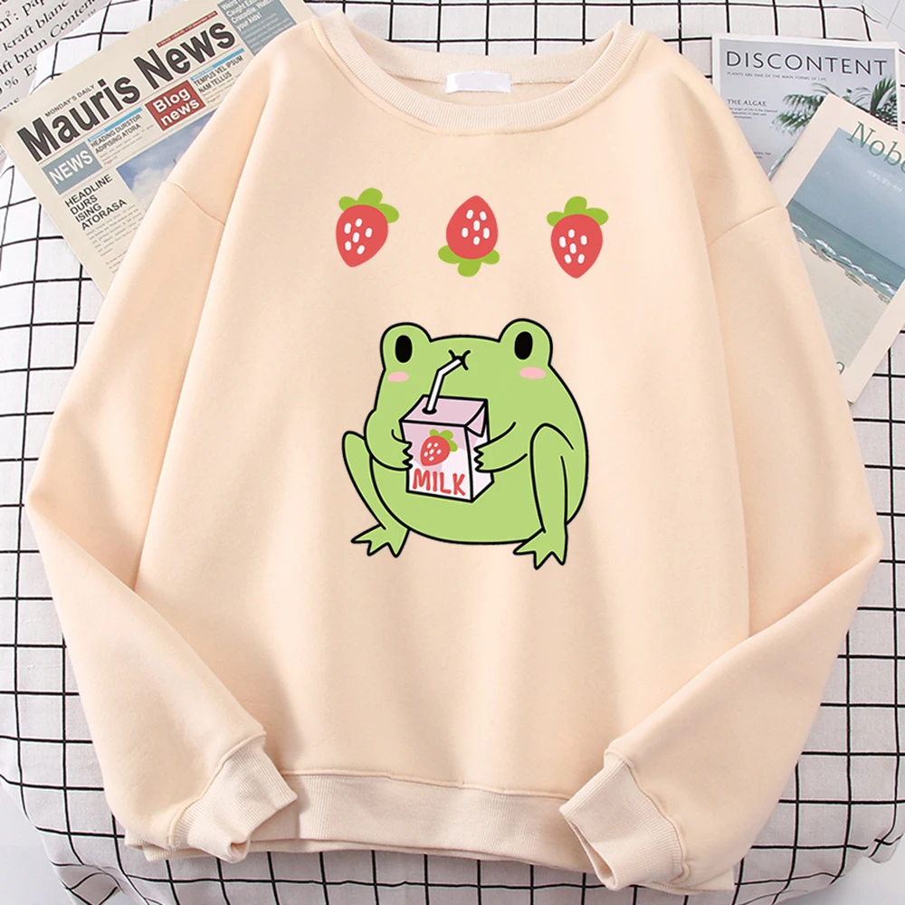 

Womens Sweatshirts Cute Frog Drink Strawberry Milk Tea Print Clothing Lady Oversize Moletom Hip-Hop Kawaii Animal Females Hoodie