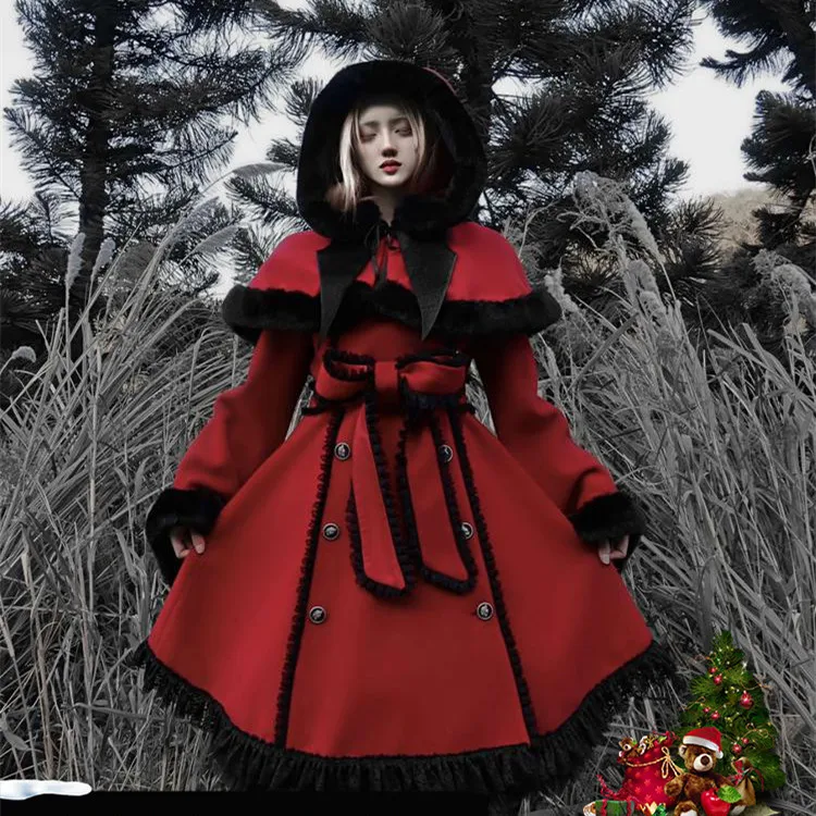 

Original Christmas Red Wool Blends Gothic Women Hooded A line Bow Tie Sashes Double Breasted cloak long woolen coat