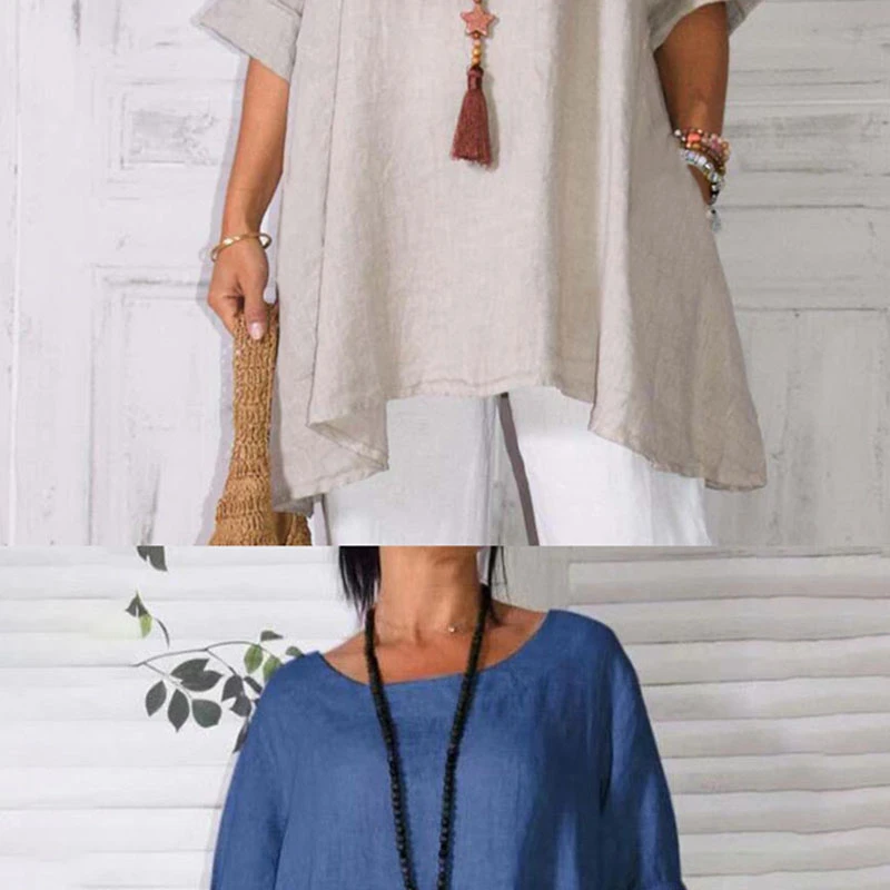 Женская летняя одежда большого размера однотонный топ из хлопка и льна с