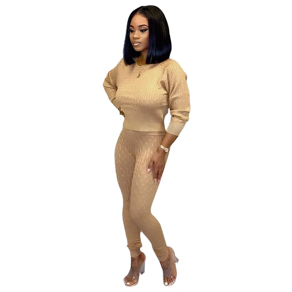 Autumn Winter Women Set Long Sleeve Knitting Sweater Pants Two Piece Tracksuit Club Sportwear Orange Yellow Outfits |