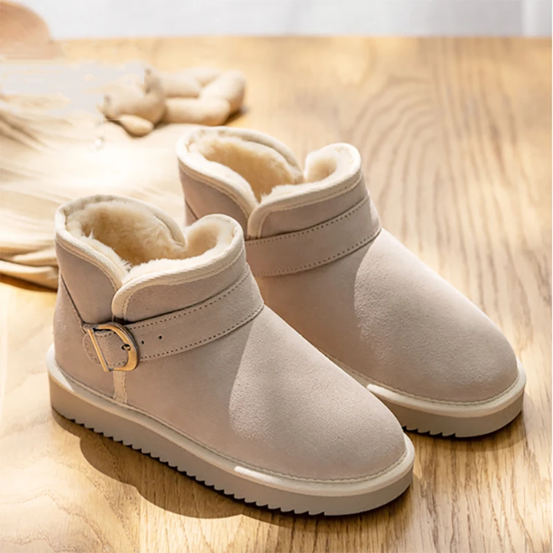 

2022 Women Snow Boots 100% Genuine Cowhide Leather Ankle Boots Belt Buckle Warm Winter Boots Woman Shoes Large Size 34-42
